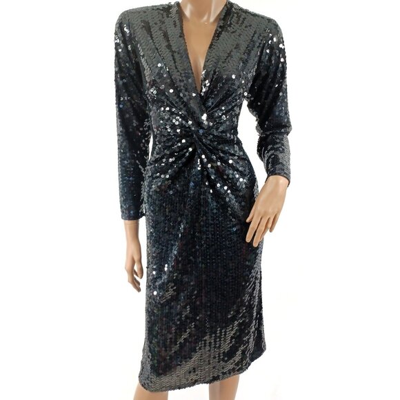 BLACK TIE? Oleg Cassini Twist Front LS V Neck All Sequin Sheath Party Dress 10 - Picture 2 of 7